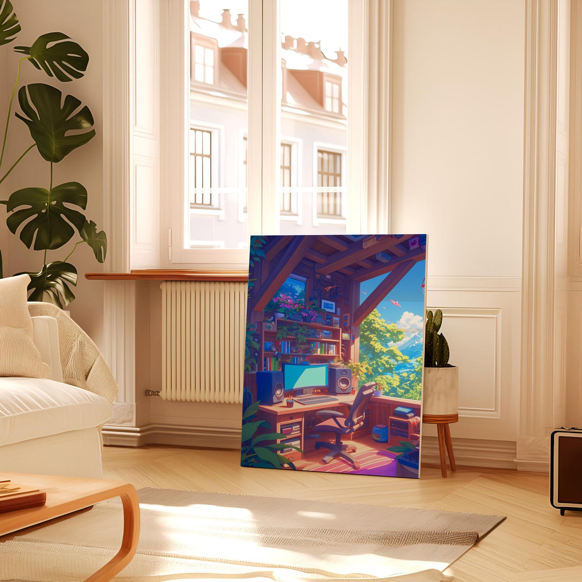 Cozy Anime Home Studio Desk Mountain View Sunlit Workspace Poster - Image 3