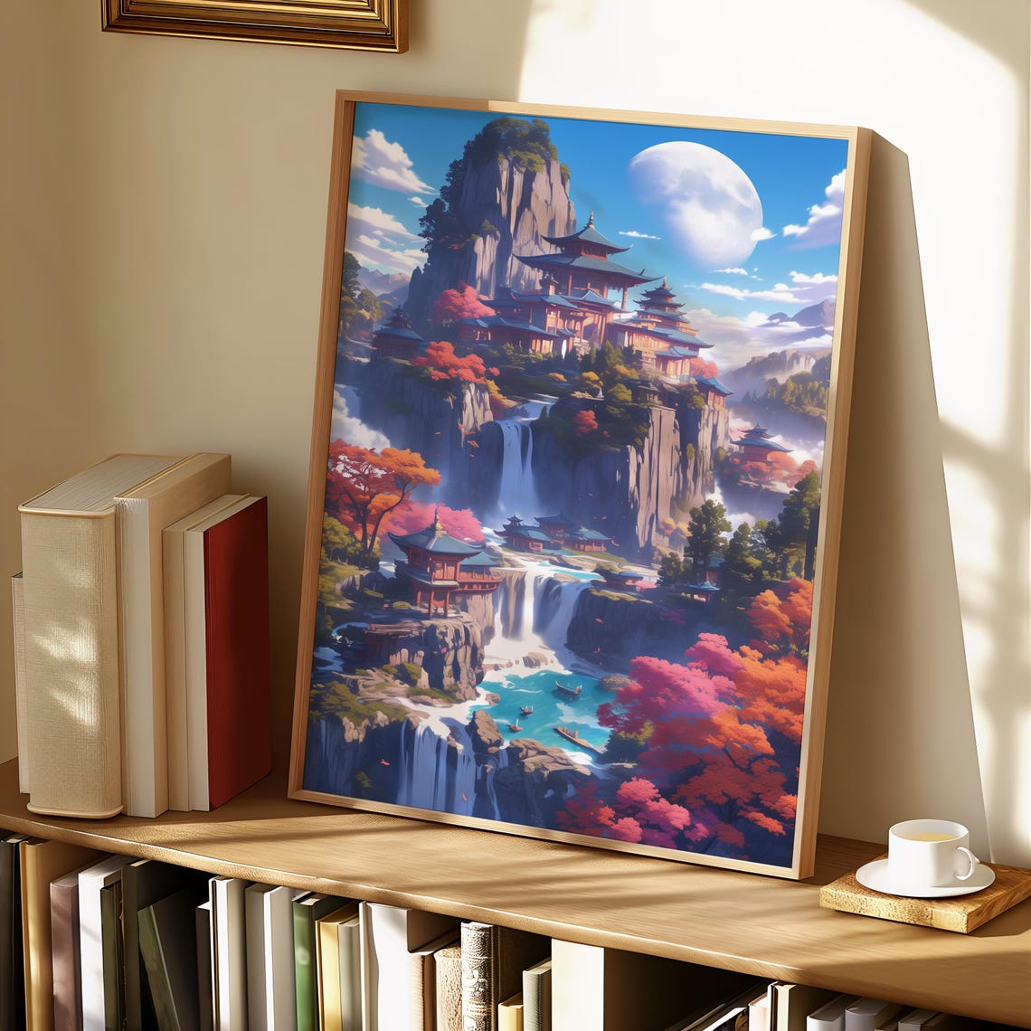 Epic Fantasy Mountain Temple With Waterfalls and Moon Sky Poster - Image 3