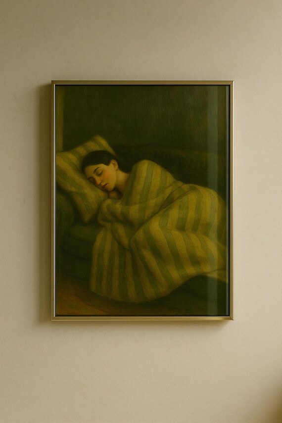 Vintage Sleeping Woman Art Print Cozy Oil Painting Style Poster