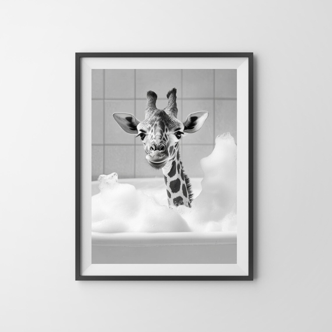 Baby Giraffe Enjoying a Bubble Bath Black and White Funny Animal Poster - Image 3
