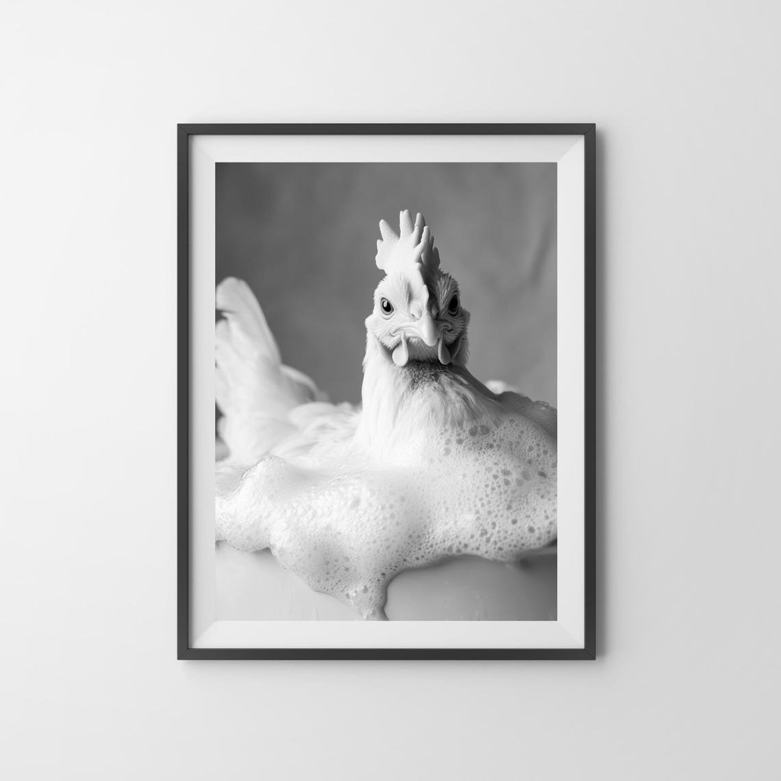 White Chicken in Bubble Bath Black and White Funny Bathroom Poster - Image 3
