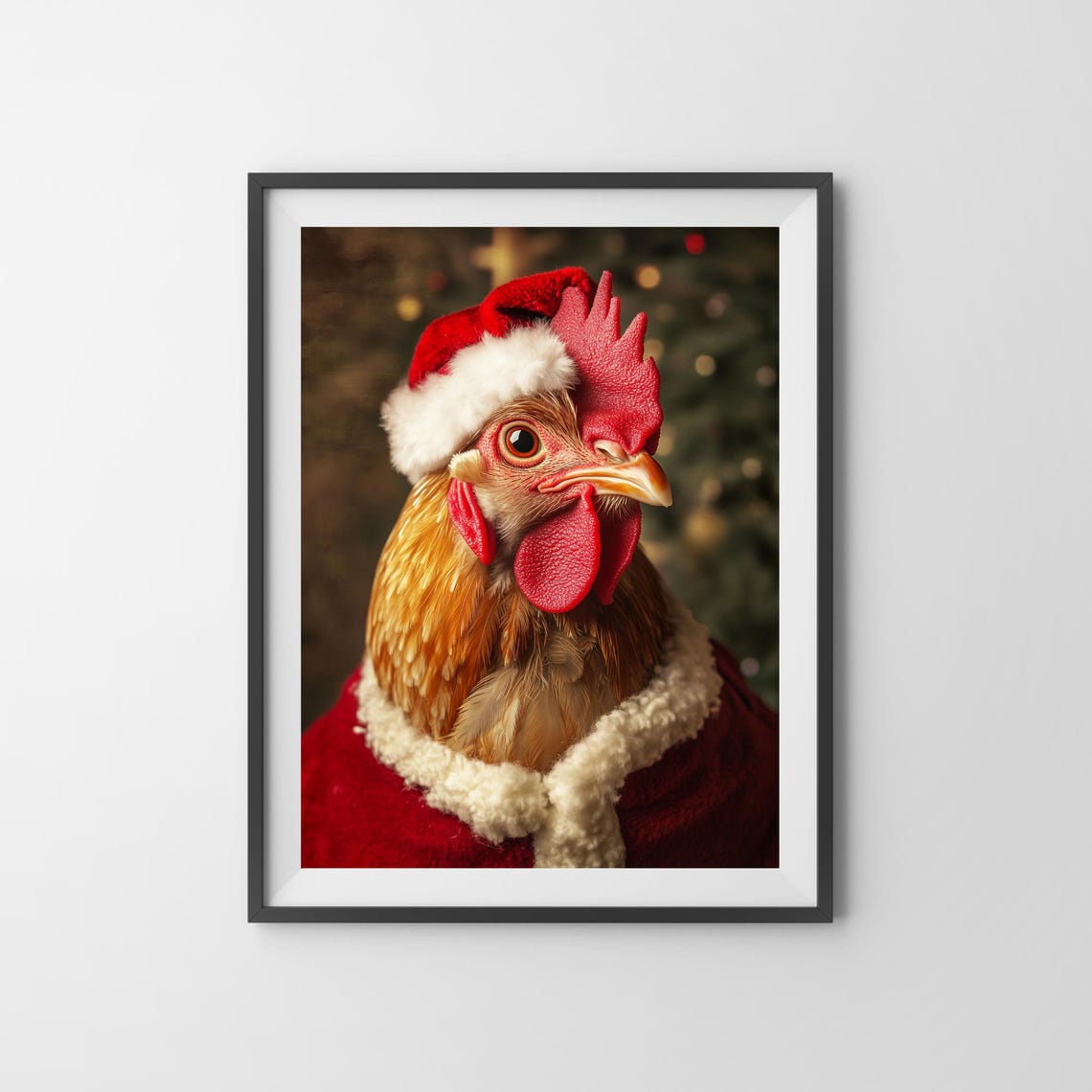 Chicken in a Santa Hat with Christmas Tree Bokeh Holiday Poster - Image 3