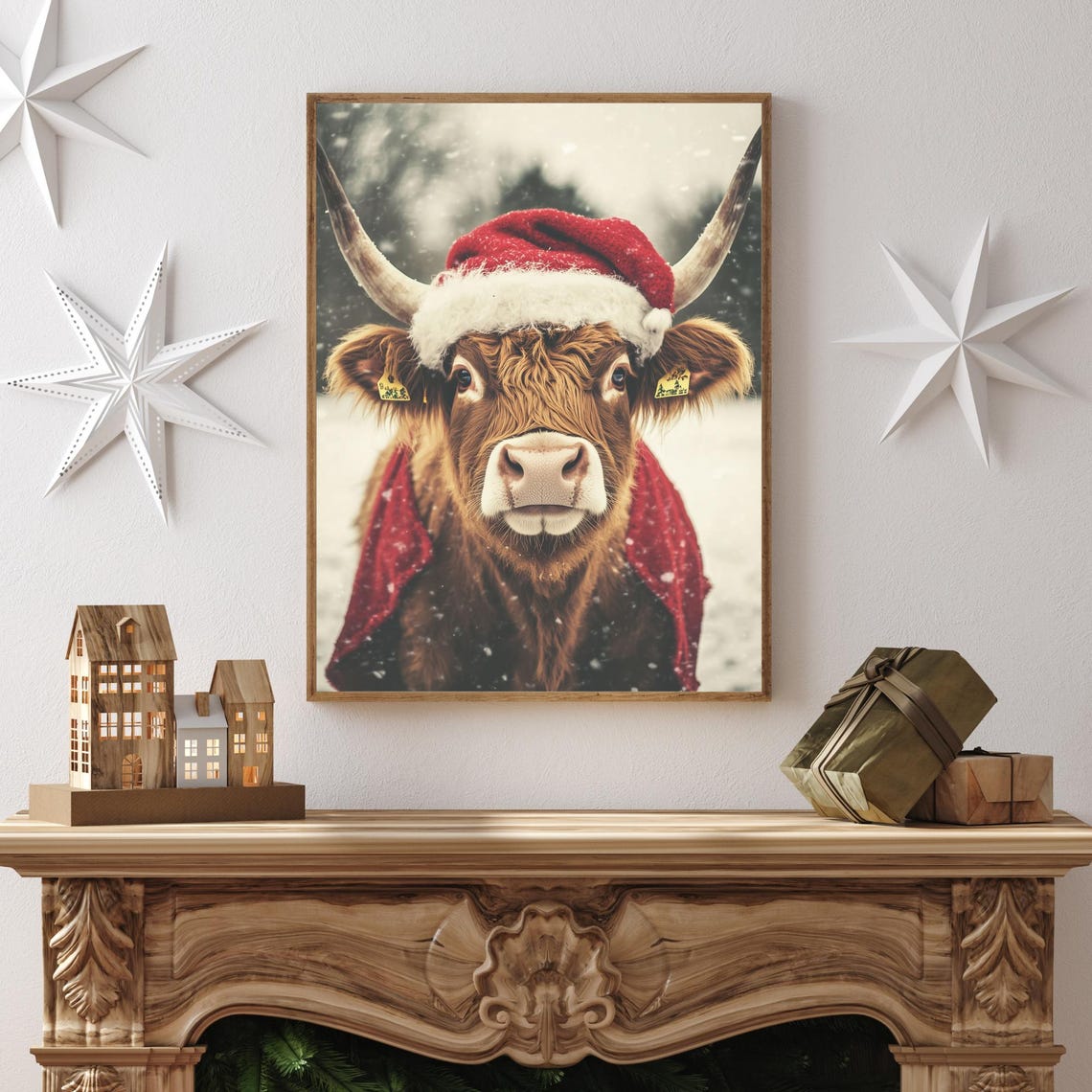 Highland Cow Christmas Art Cute Cow Festive Animal Wall Art Holiday Farmhouse Decor Cozy Winter Cow Print Vintage Ai Art - Image 2