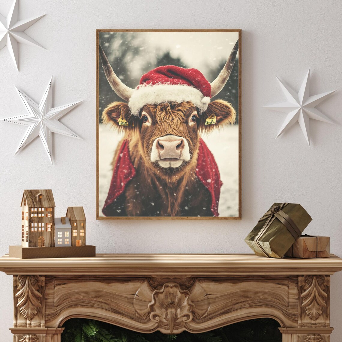 Highland Cow in Santa Hat and Red Scarf in the Snow Cute Poster - Image 2