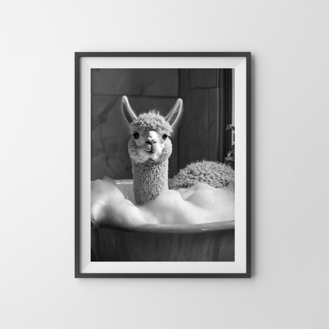Alpaca Relaxing in a Bubble Bath Black and White Cute Animal Poster - Image 3