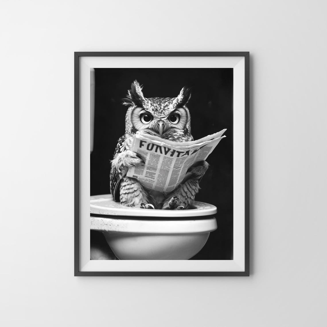 Owl Reading a Newspaper on the Toilet in Black and White Funny Poster - Image 3