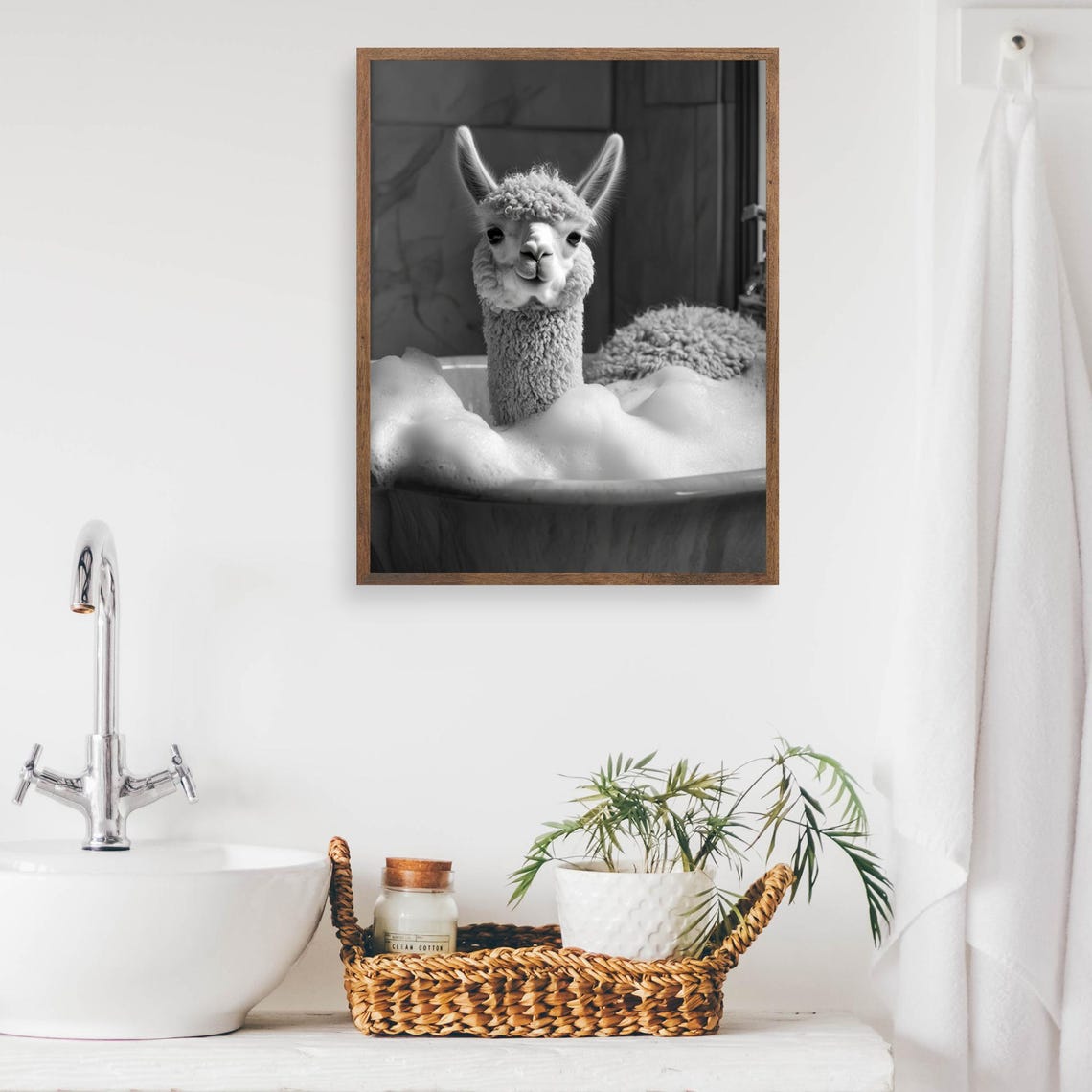 Alpaca Relaxing in a Bubble Bath Black and White Cute Animal Poster - Image 2