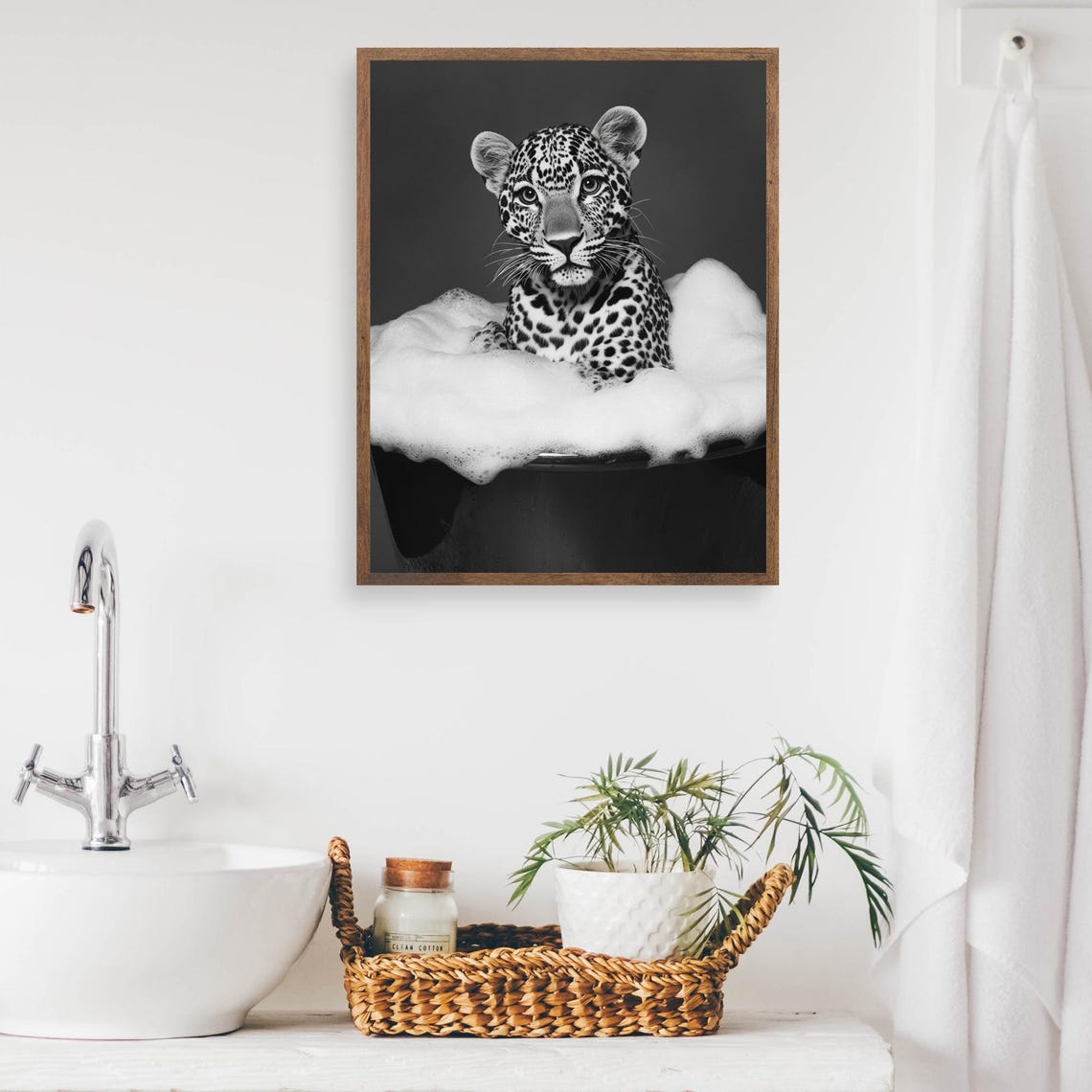 Leopard in a Bubble Bath Black and White Funny Animal Poster - Image 2