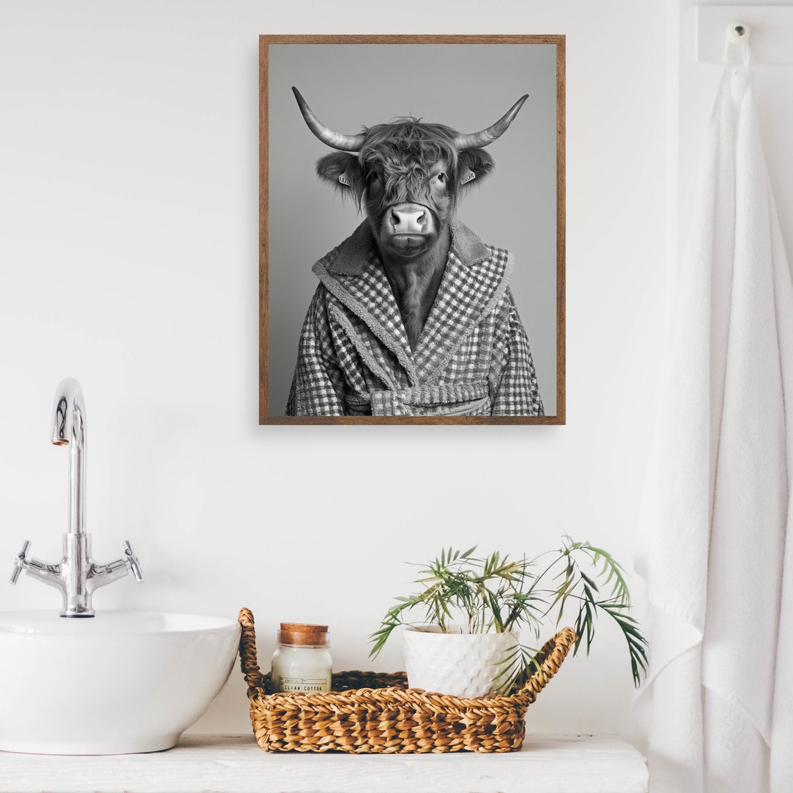 Highland Cow in Checkered Bathrobe Black and White Bathroom Poster - Image 2