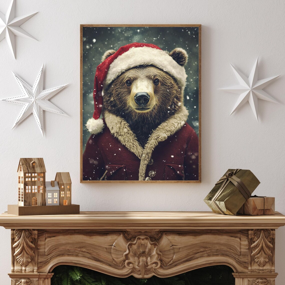Brown Bear in Santa Coat Christmas Wildlife Winter Holiday Poster - Image 2