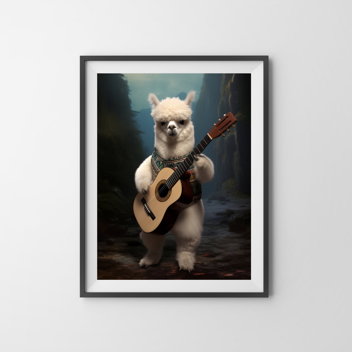White Alpaca Playing Guitar in a Mountain Canyon Funny Poster - Image 3