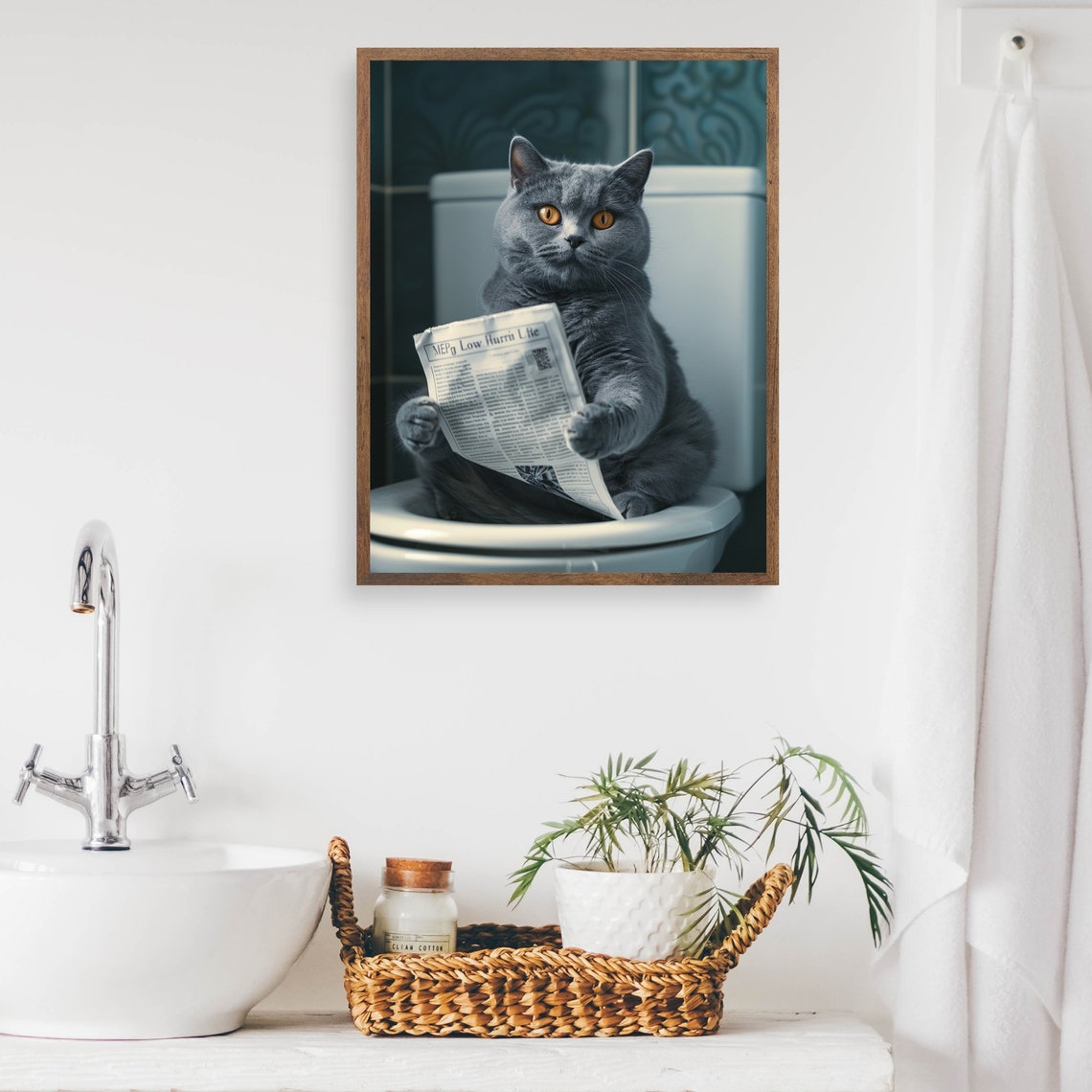 British Shorthair Cat Reading a Newspaper on the Toilet Color Poster - Image 2
