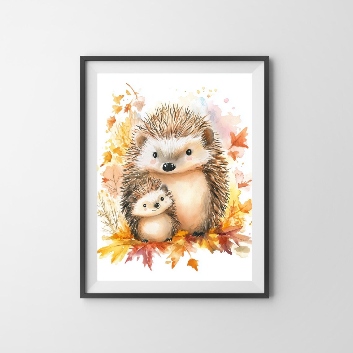 Mama and Baby Hedgehog Among Autumn Leaves Watercolor Nursery Poster - Image 3