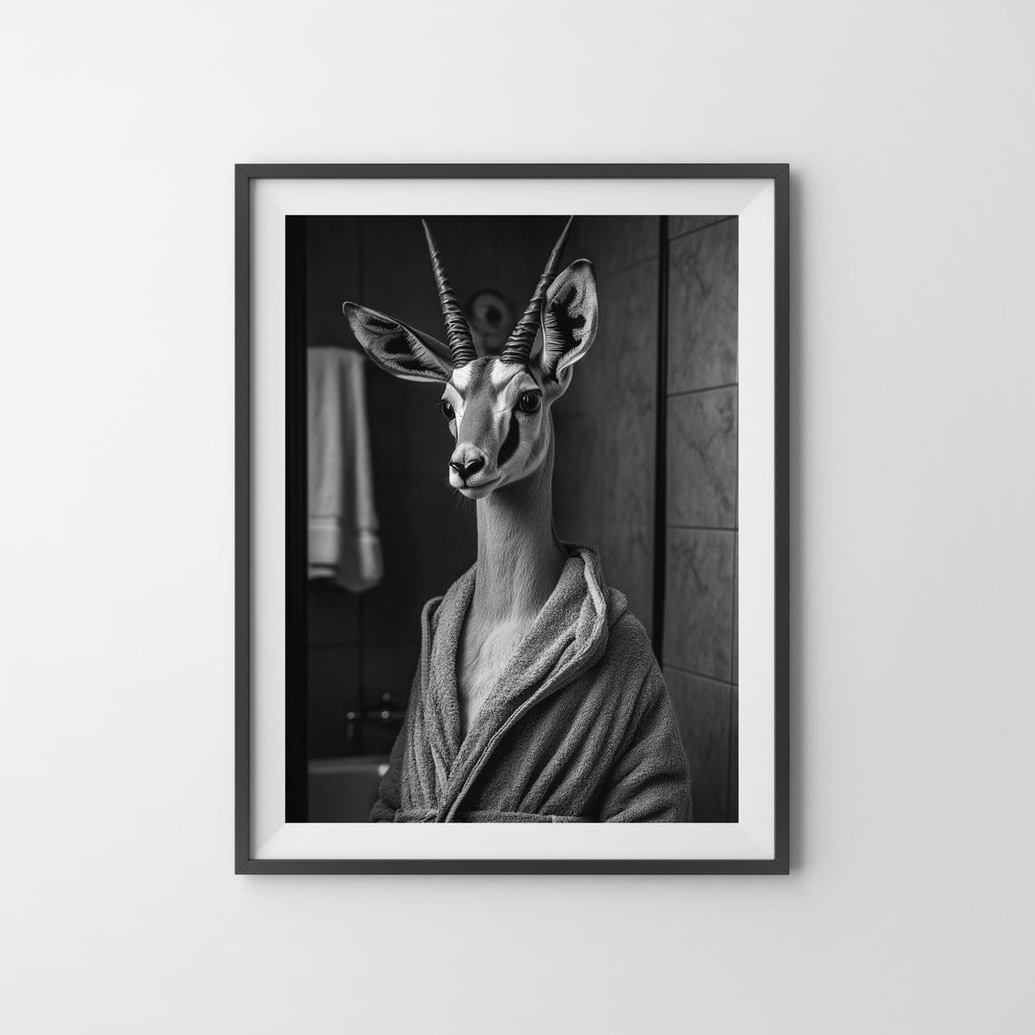 Gazelle in Bathrobe Black White Funny Bathroom Humor Art Poster - Image 3