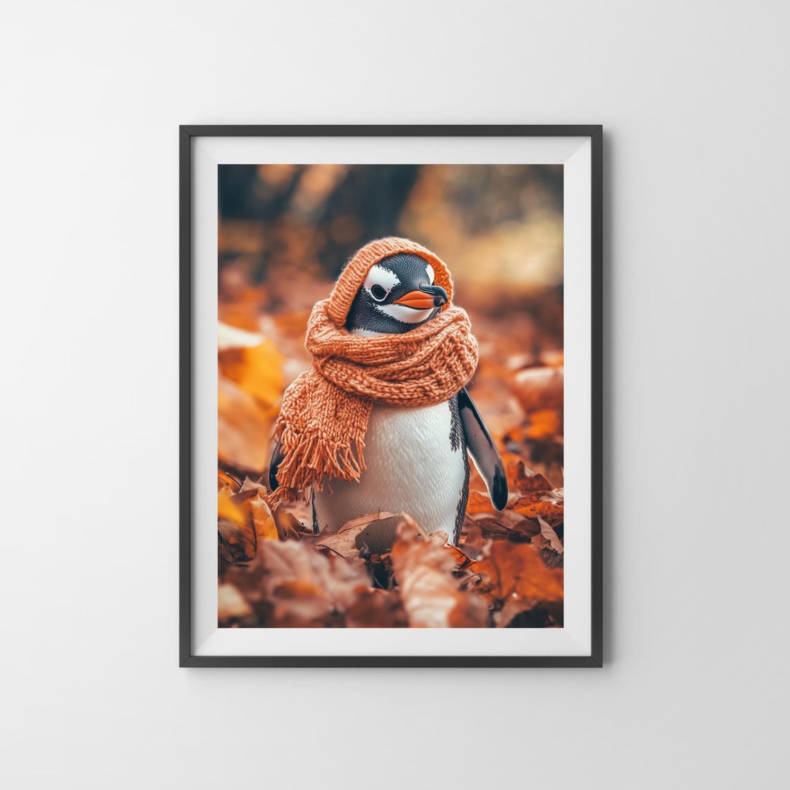 Penguin in a Knit Scarf and Hood Among Autumn Leaves Fall Poster - Image 3