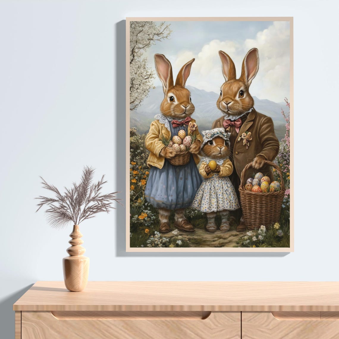 Vintage Easter Bunny Family With Egg Baskets Spring Meadow Poster - Image 2