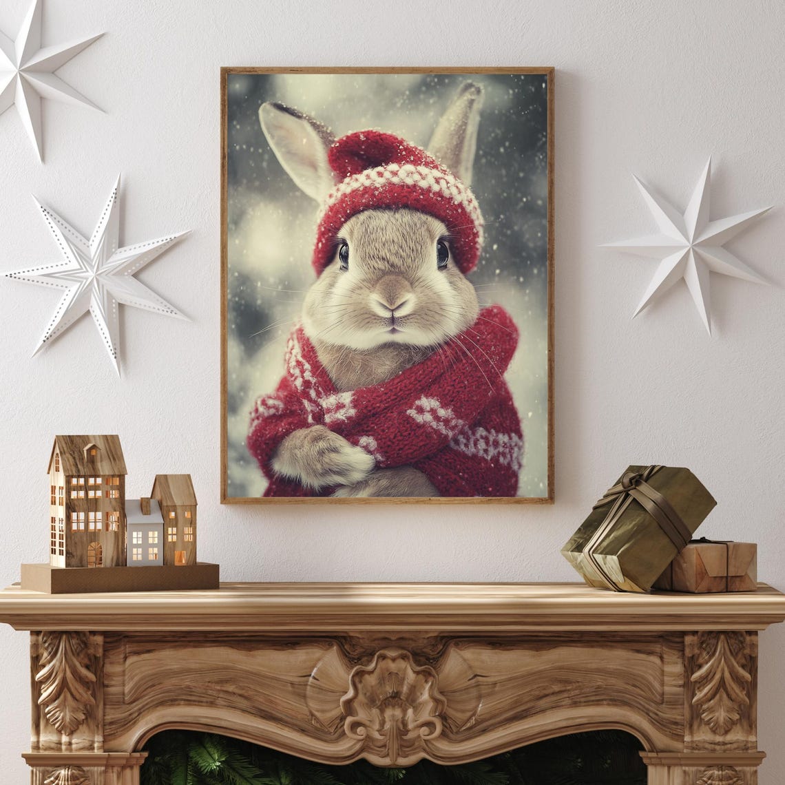 Bunny in Red Knit Hat and Scarf Posing in the Snow Cute Poster - Image 2