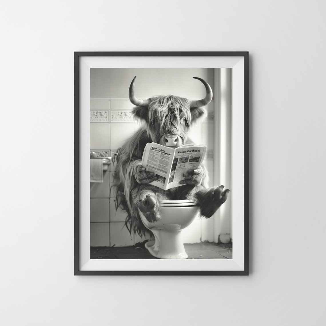 Highland Cow Reading Newspaper on Toilet Black and White Funny Poster - Image 3