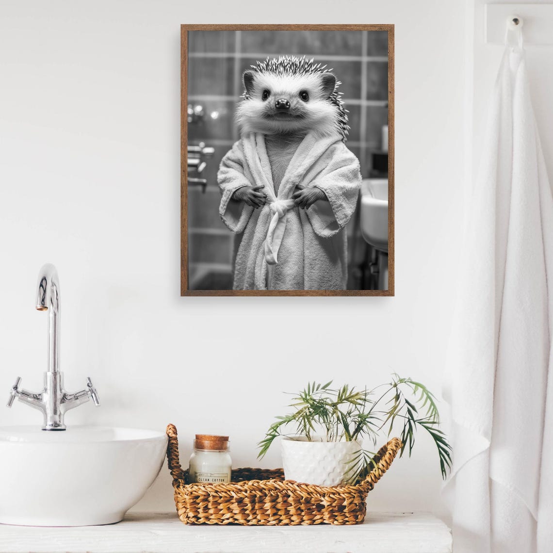 Hedgehog in a Bathrobe Black and White Funny Bathroom Poster - Image 2