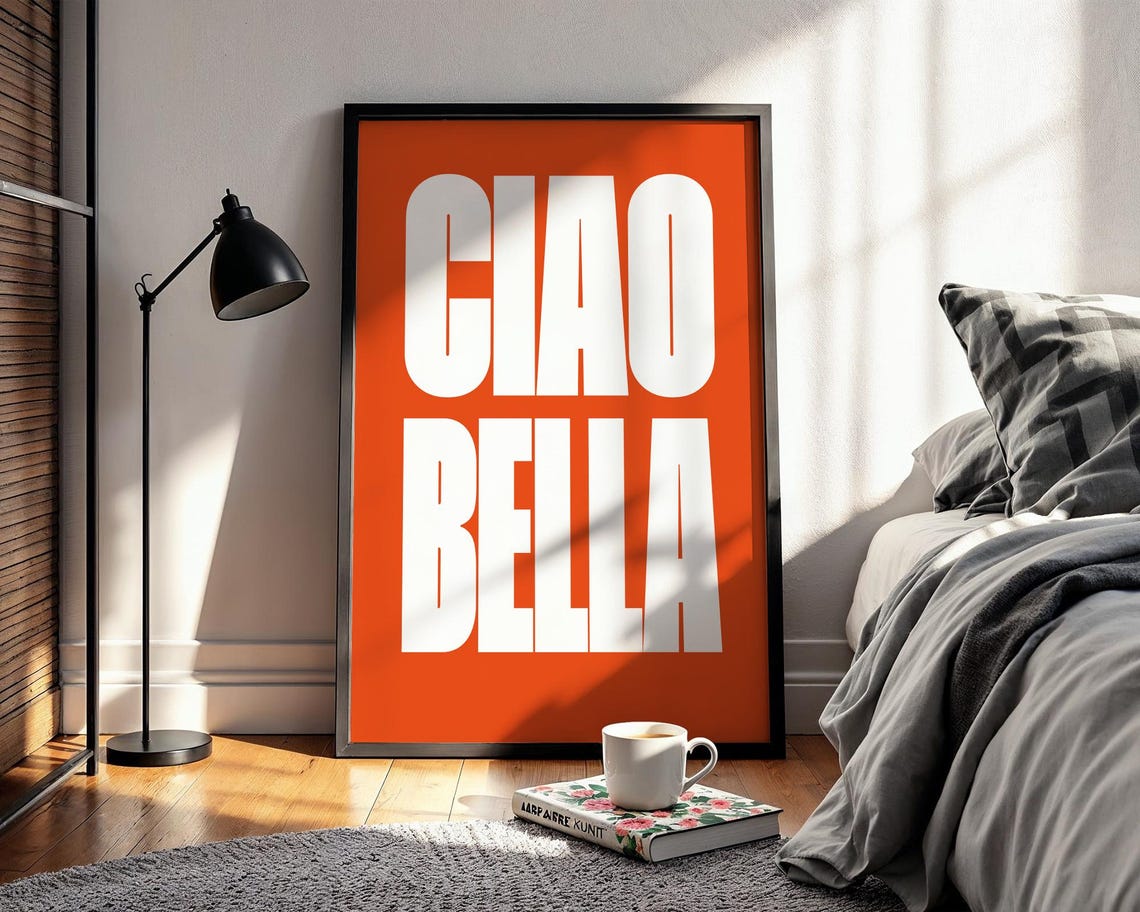 Ciao Bella Bold White on Orange Italian Typography Kitchen Wall Poster