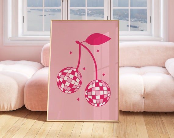 Cherry Disco Ball Print Trendy Retro Wall Art Pink Gallery Cute Kitchen Home Decor Poster 2316