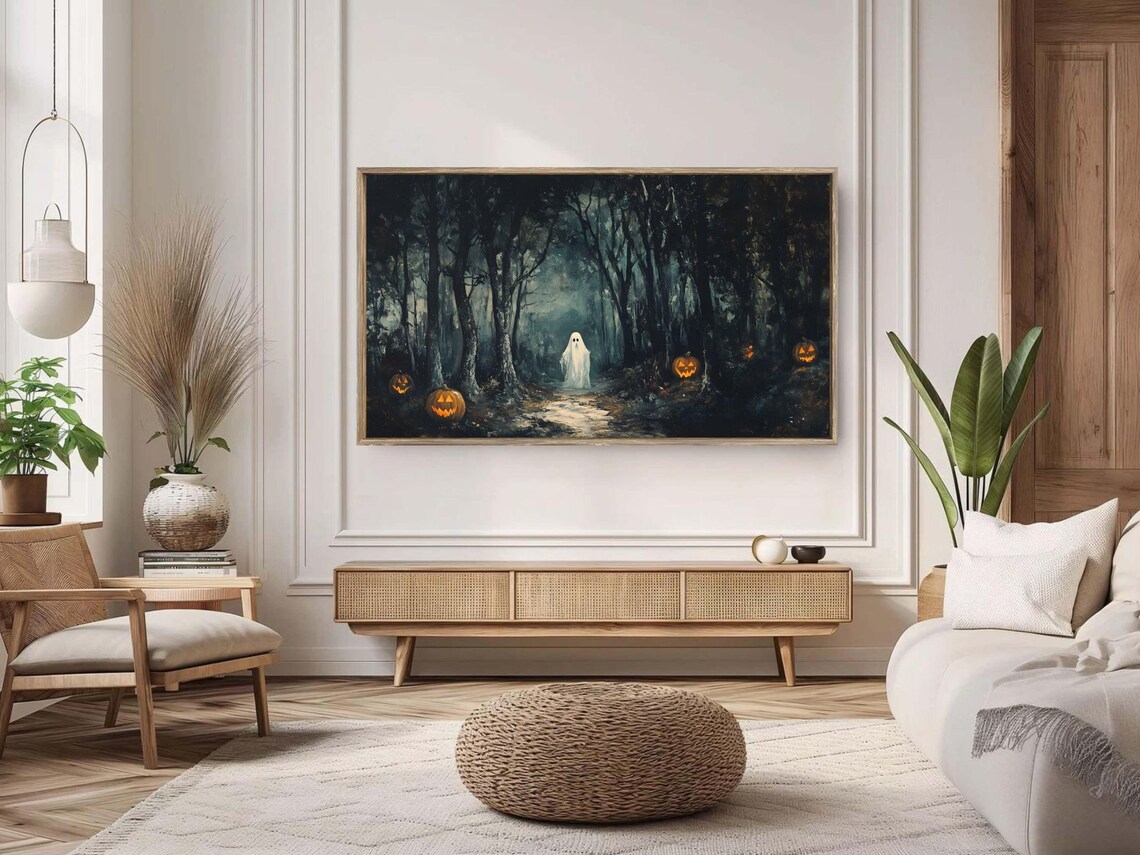 Vintage Ghost Spooky Forest Glowing Jack O Lanterns Halloween Art Poster Print - Image 2