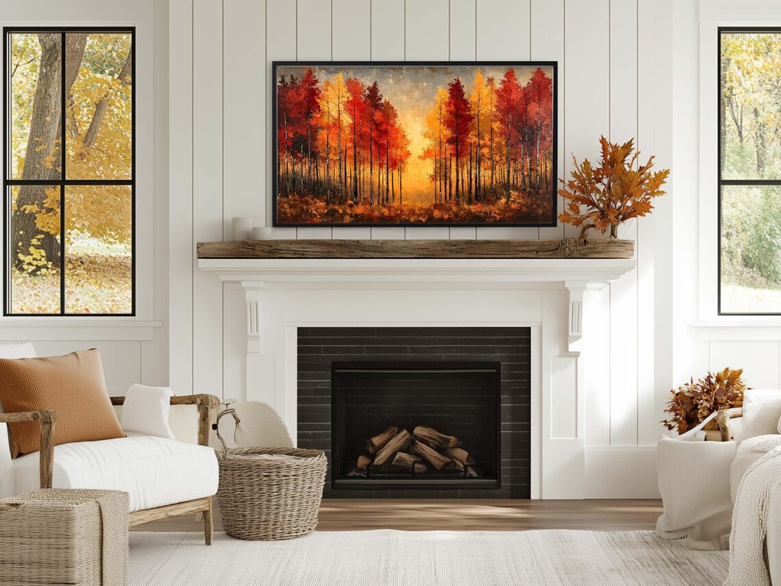 Fiery Red Autumn Forest Sunset Golden Fall Trees Textured Oil Painting Poster - Image 3
