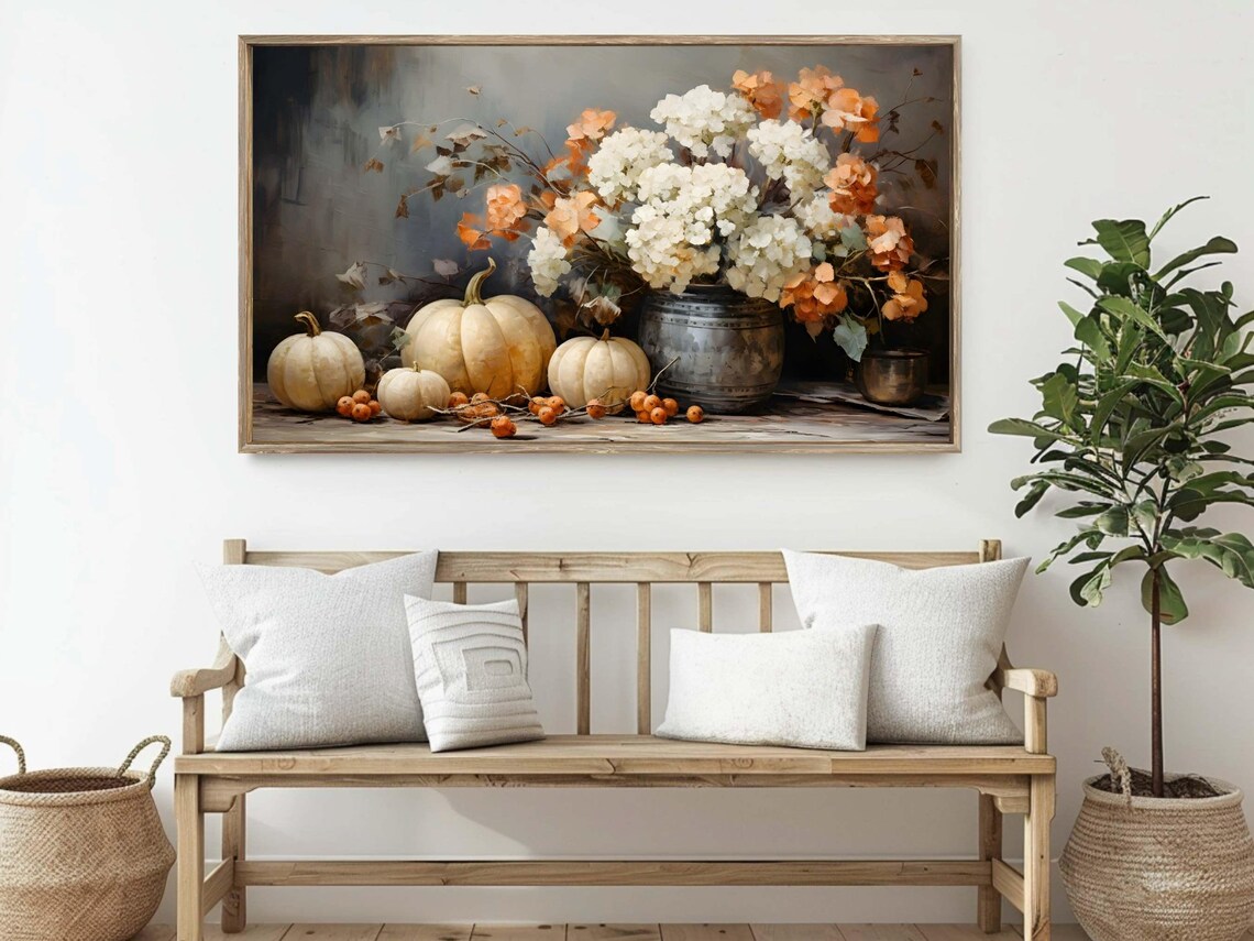 White Pumpkins Hydrangeas Still Life Rustic Vintage Oil Painting Wall Poster - Image 2