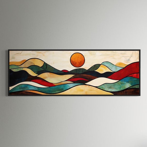 Abstract Mountain Wall Art Vibrant Golden Sun And Rolling Hills Print Earth Tones Design Minimalist Print For Above Bed Decor