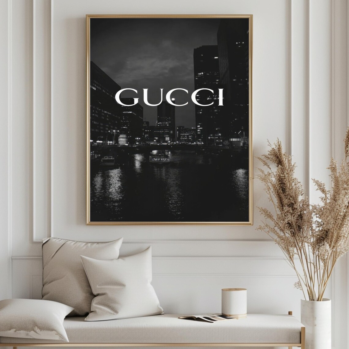 Gucci Black And White Night City Skyline Over Water Fashion Poster - Image 4