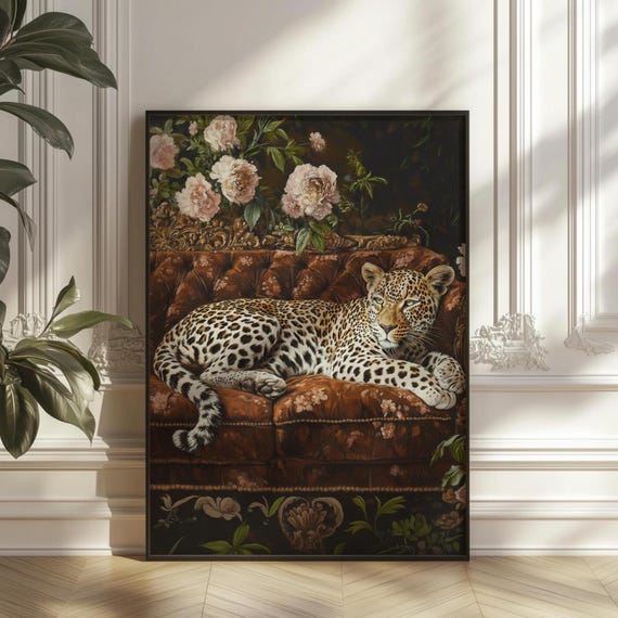 Leopard On Ornate Sofa, Maximalist Animal Poster