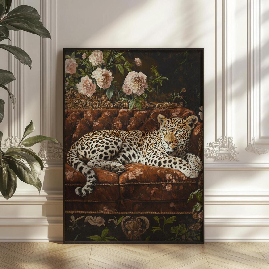 Leopard On Ornate Sofa, Maximalist Animal Poster