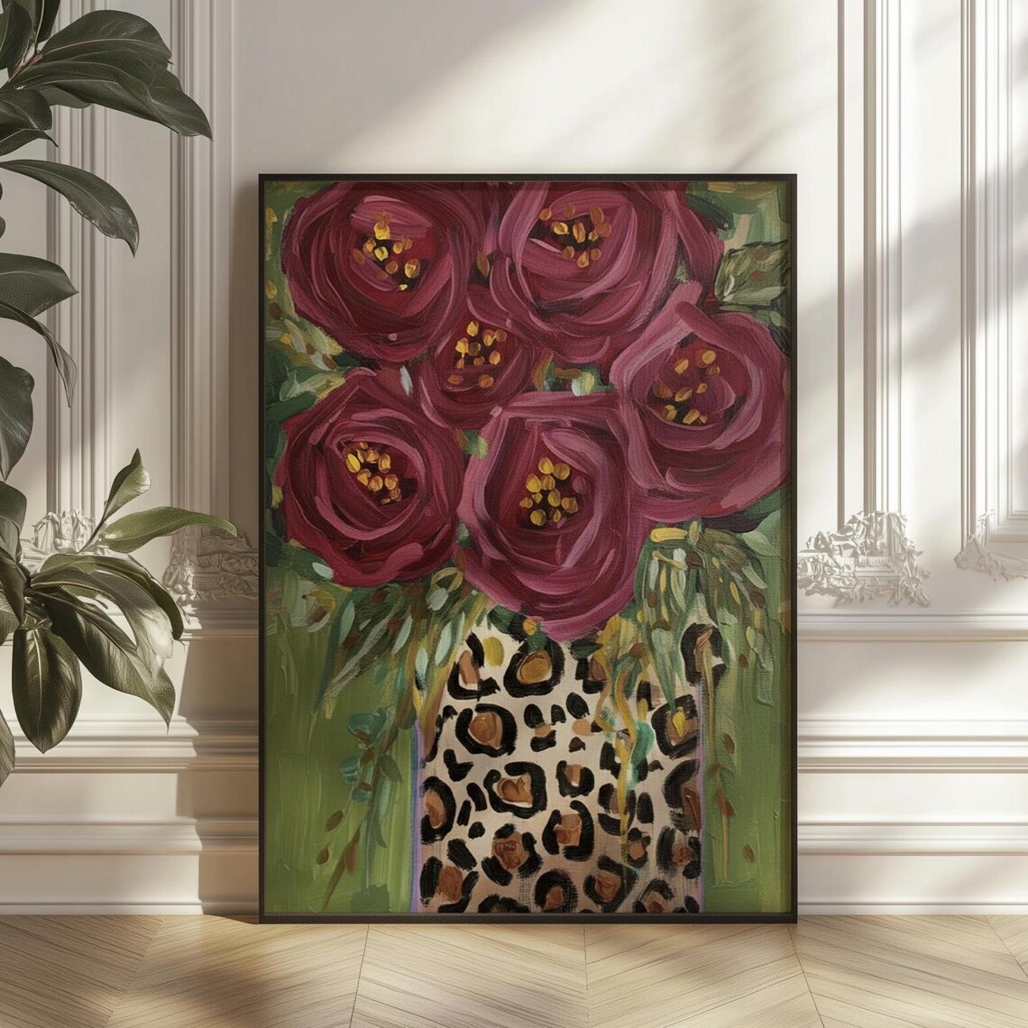 Wine Red Roses With Leopard Vase Poster, Botanical Wall Art