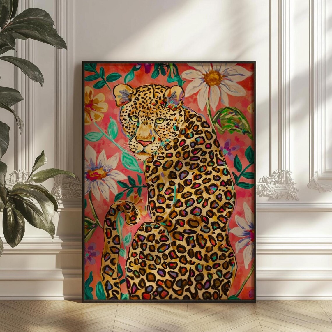 Colorful Leopard Among Tropical Flowers Maximalist Dopamine Poster