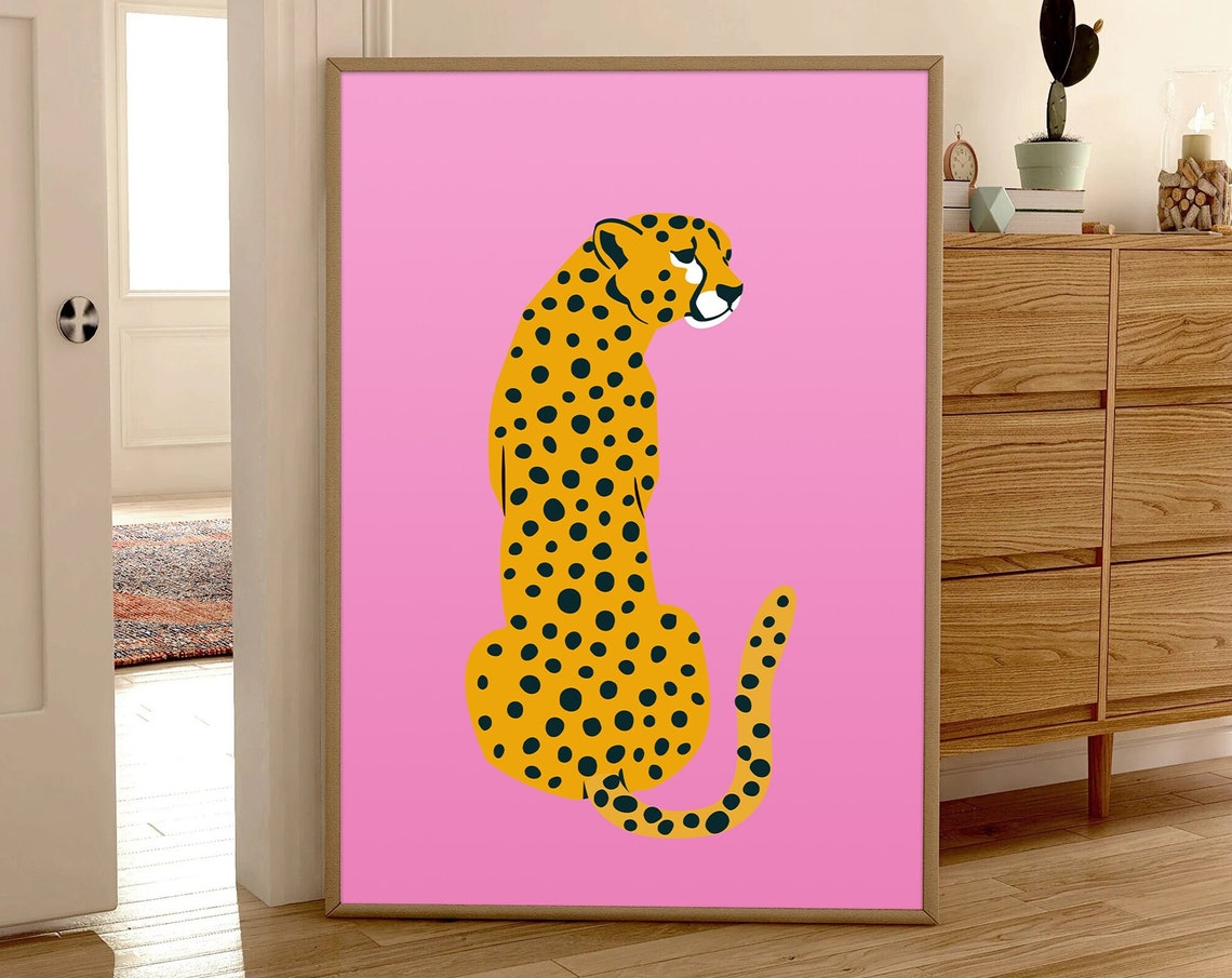 Pink Cheetah Illustration Preppy Modern Maximalist Decor Wall Art