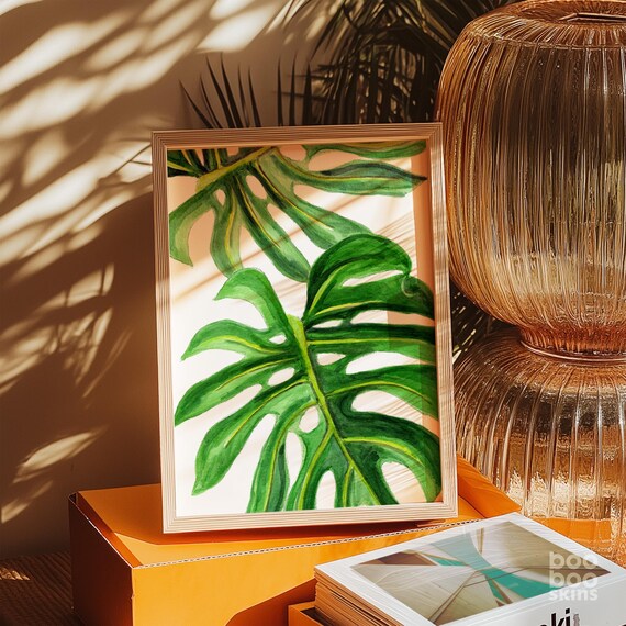 Monstera Leaf Print Tropical Botanical Decor Cheese Plant Palm Poster Green Pink Girls Room Bright Maximalist Teen Bedroom Art