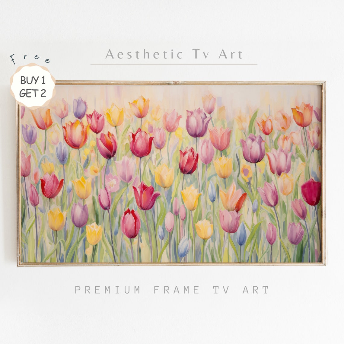 Rainbow Tulip Garden Red Purple Yellow Blooms Colorful Poster