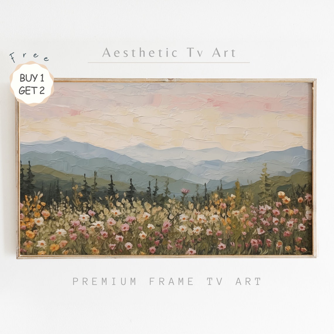 Wildflower Meadow Mountain Sunset Vintage Landscape Oil Poster