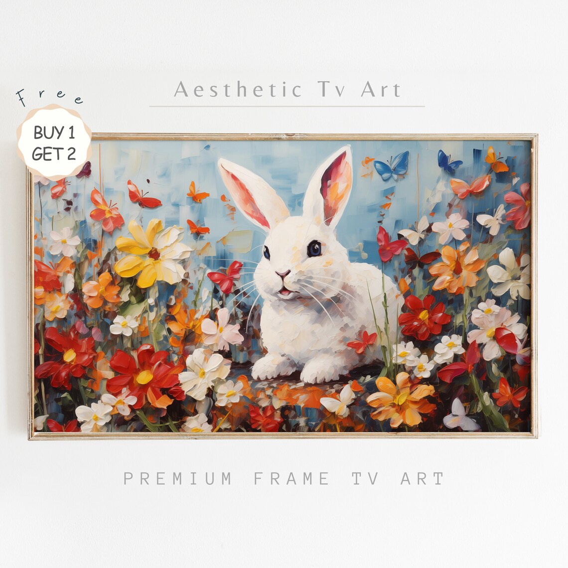 Easter Bunny Butterflies Colorful Wildflower Garden Oil Poster