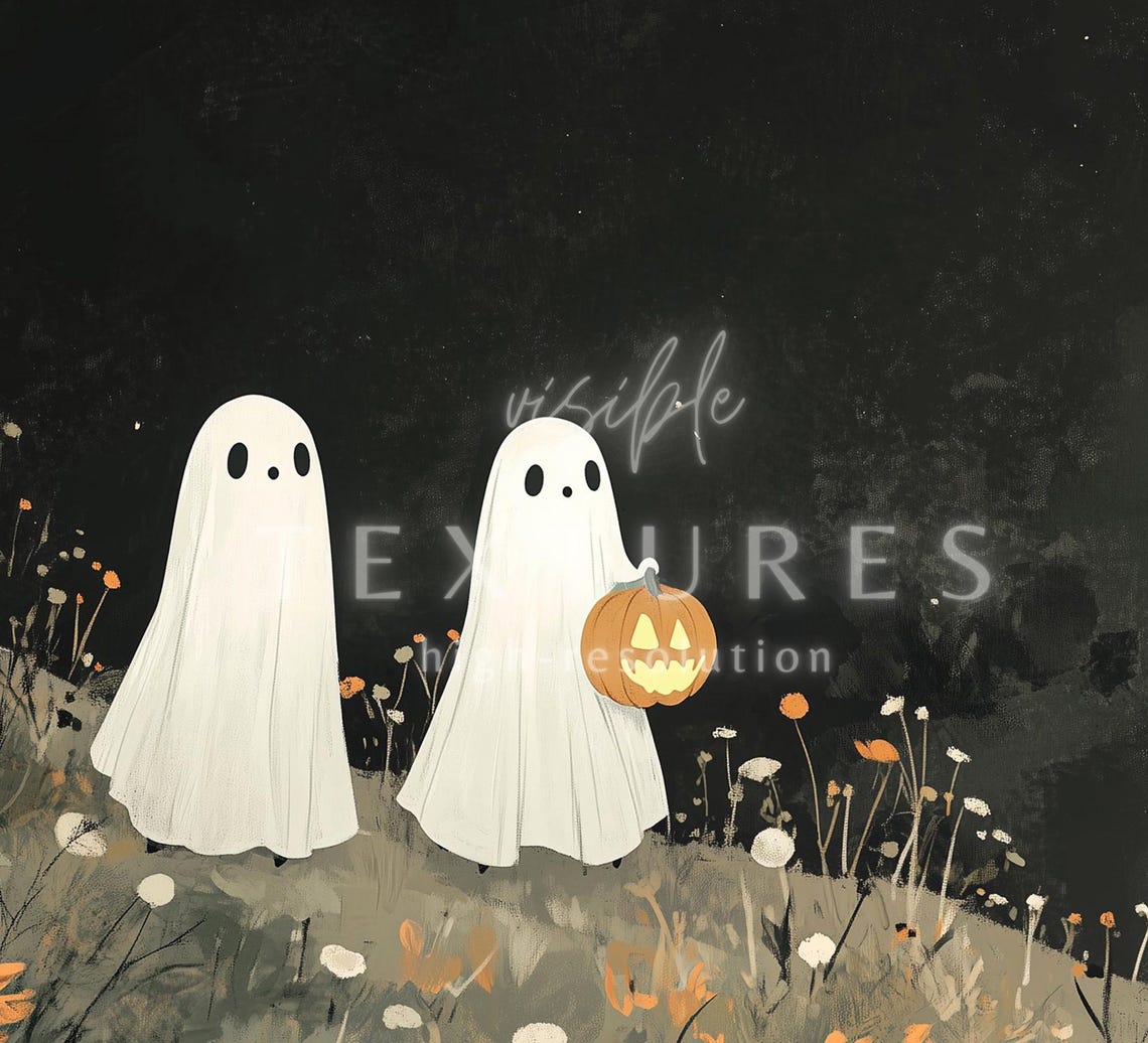 Two Ghosts Under Full Moon with Jack-O-Lantern Night Halloween TV Art - Image 2