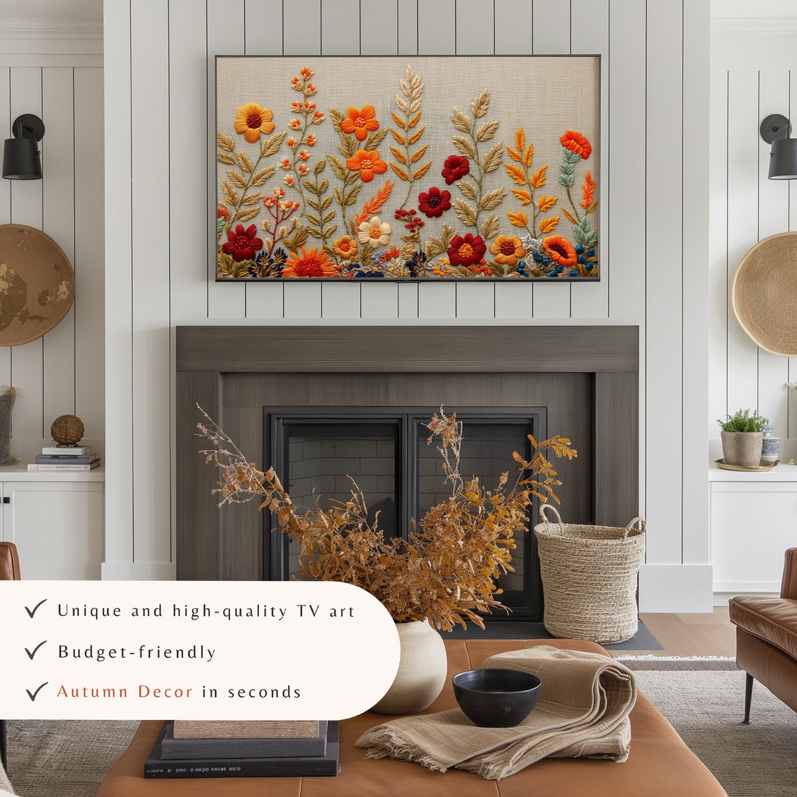 Autumn Floral Embroidery Textured Orange Wildflowers Linen Wall Art - Image 3