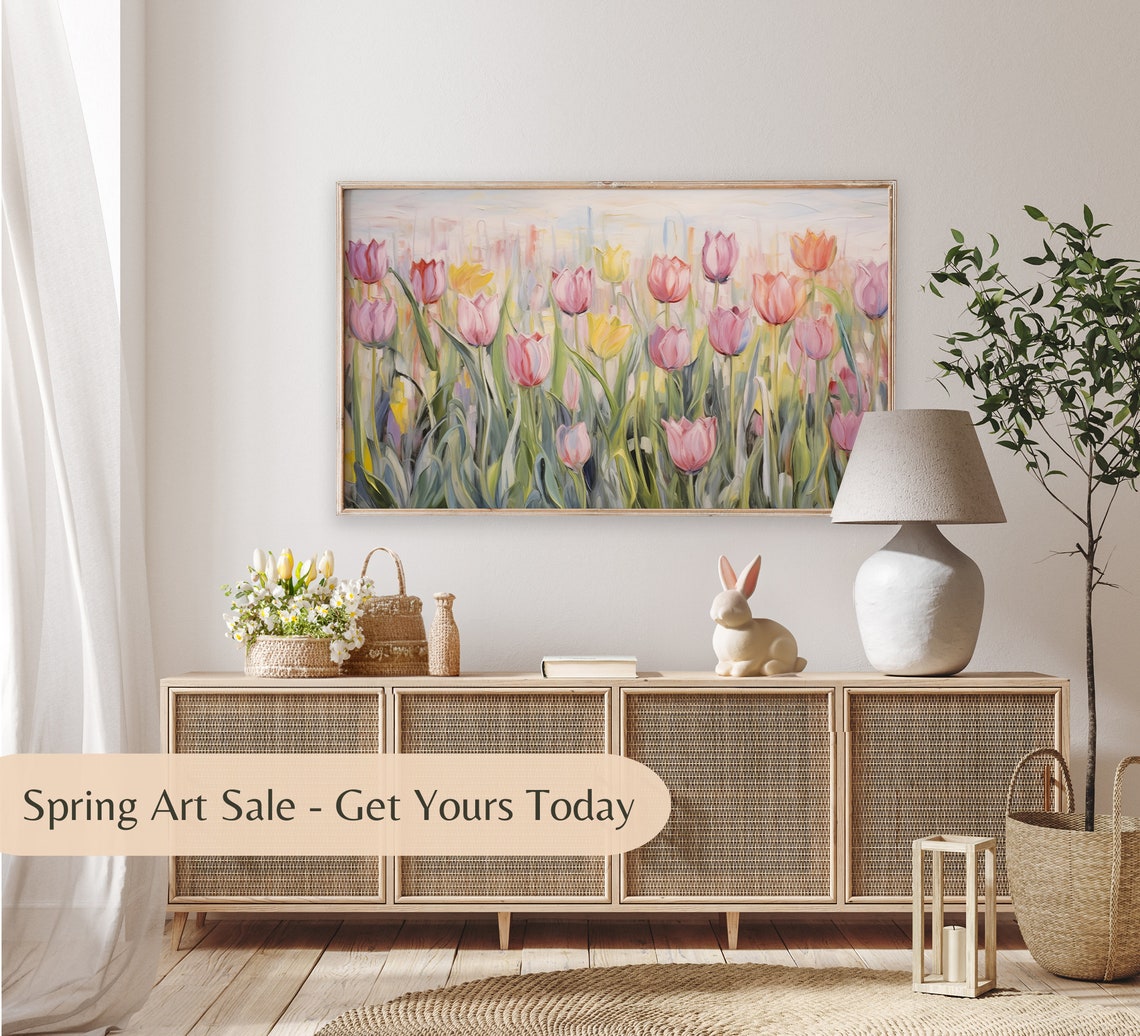 Spring Tulip Field Pink Orange Yellow Blooms Impressionist Poster - Image 3