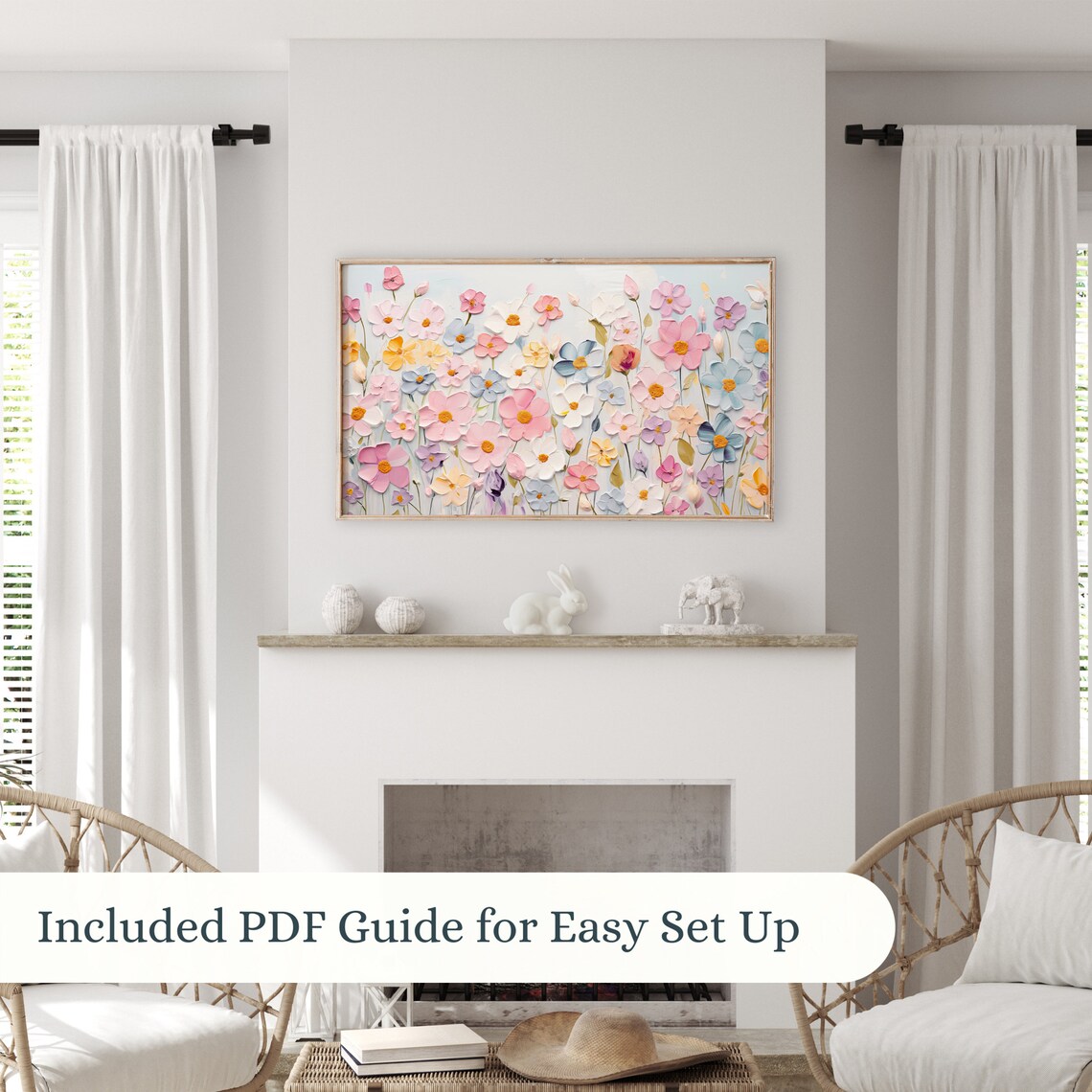 Pastel Cosmos Meadow Impasto Oil Painting Soft Spring Floral TV Poster - Image 2