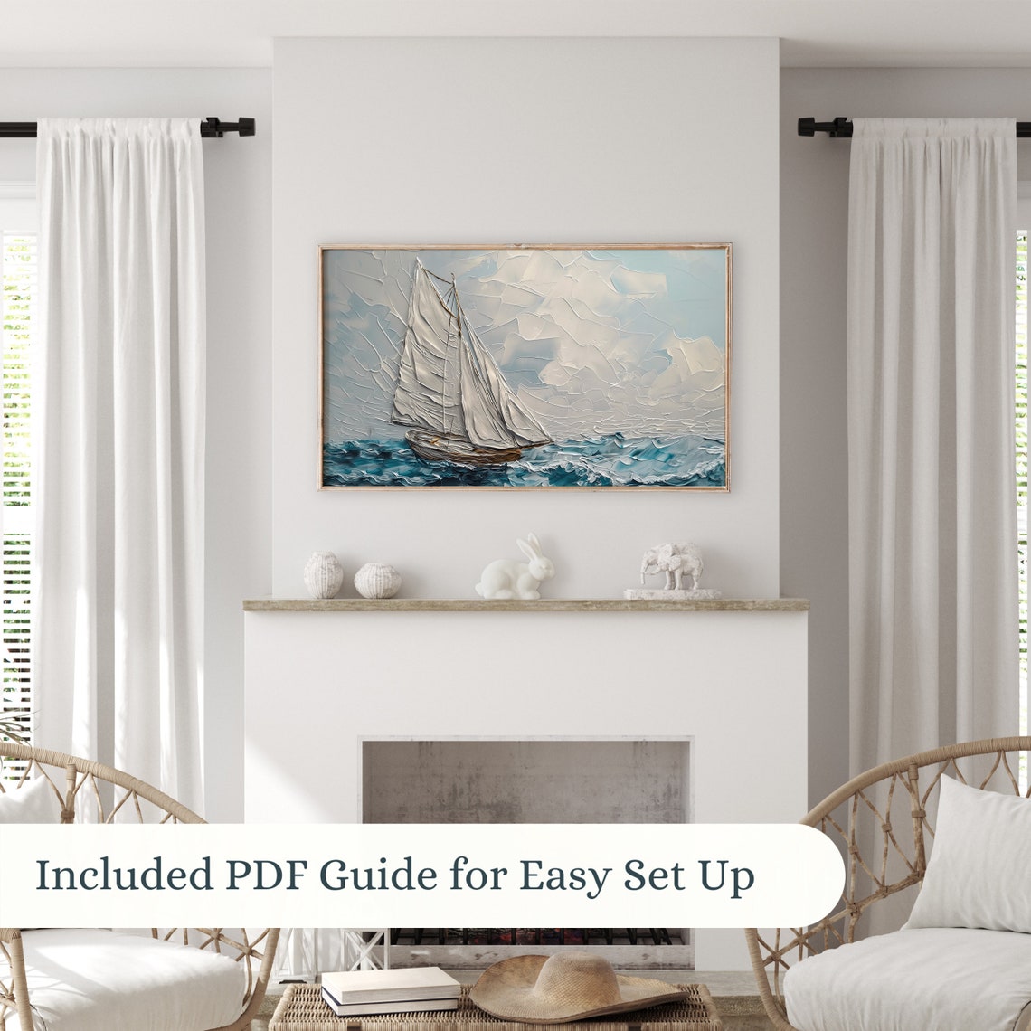 White Sailboat Ocean Waves Textured Impasto Nautical Sailing Poster - Image 3