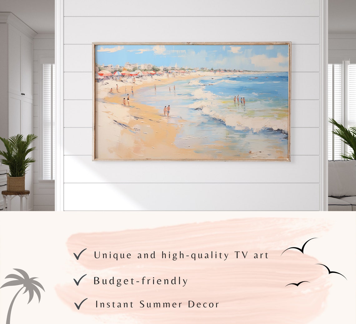 Sunny Beach Umbrellas Bathers Coastal Summer Oil Painting Poster - Image 3