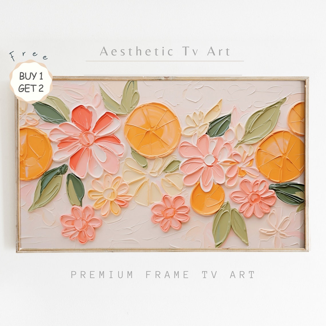 Orange Slices Pink Flowers Textured Impasto Summer Fruit Art Poster