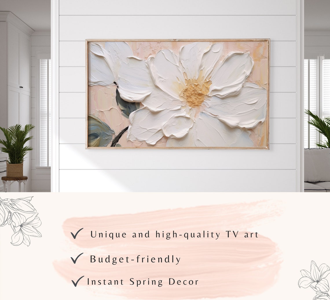 White Flower Close Up Textured Impasto Minimalist Neutral Poster - Image 3