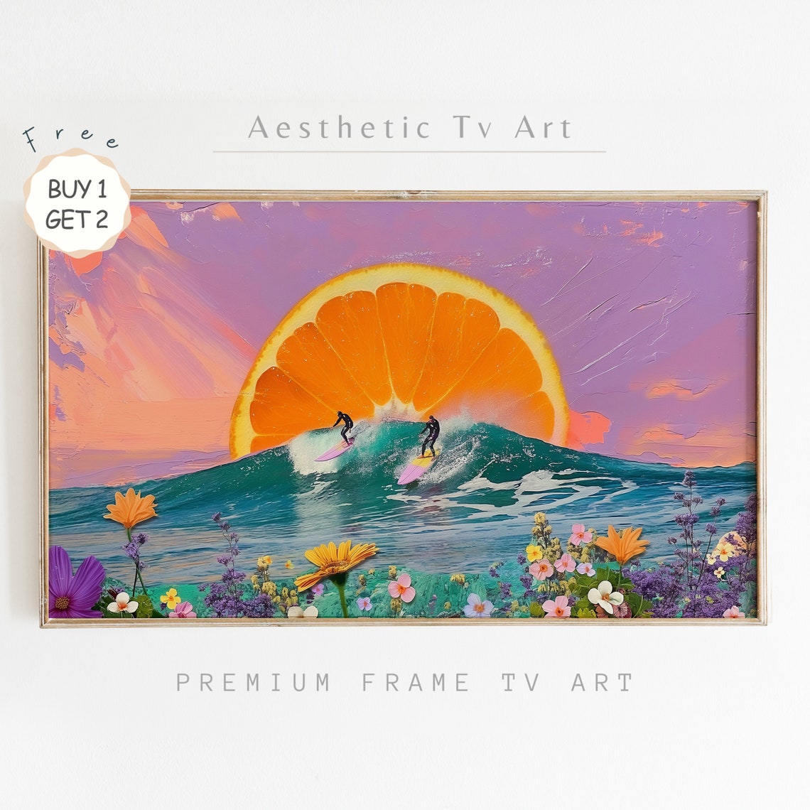 Surreal Surfers Orange Sun Wave Wildflowers Purple Sky Art Poster