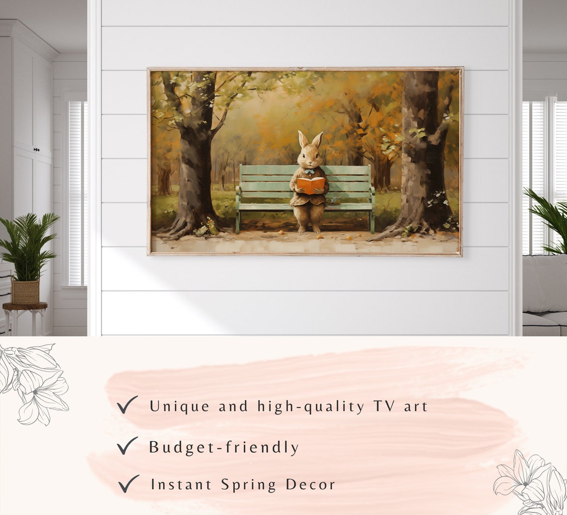 Vintage Easter Bunny Reading Book Park Bench Autumn Scene Poster - Image 3