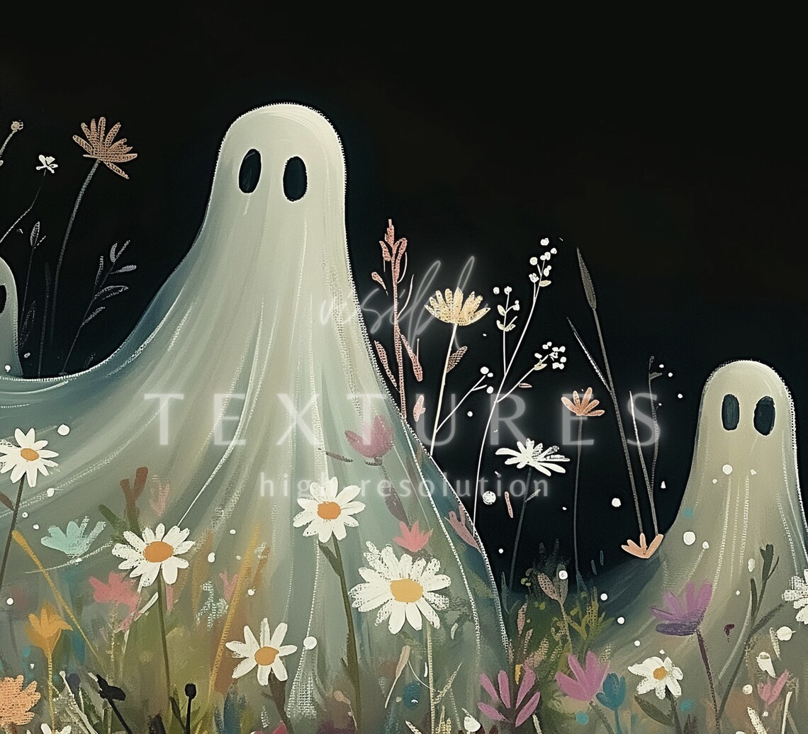 Cute Ghosts Night Wildflower Field Daisies Dark Spooky Floral Poster - Image 2